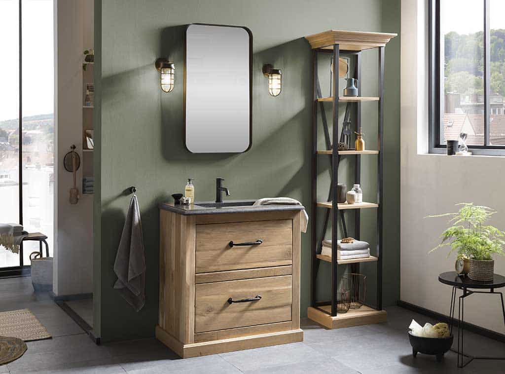 Eiken badkamermeubel in 80 cm met bijpassende kolomkast en zwarte spiegel
