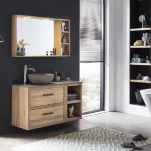badkamermeubel hout 120 cm met betonnen waskom en eiken spiegel