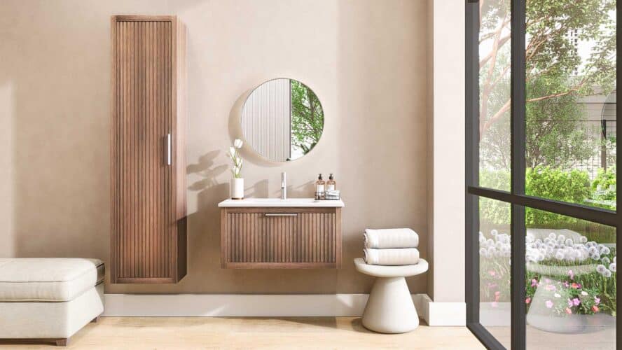 Minimalistische badkamer met een badkamermeubel, badkamerkast en groot raampartij