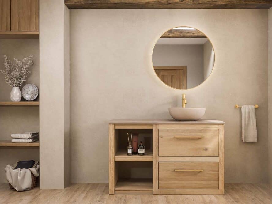 Staand badkamermeubel van hout met een beige wastafelblad en waskom in de japandi badkamer