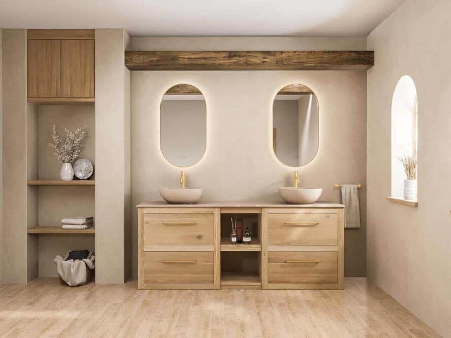 Staand badkamermeubel met 4 lades en een open regaal voorzien van een beige stone blad met twee waskommen 190 cm.