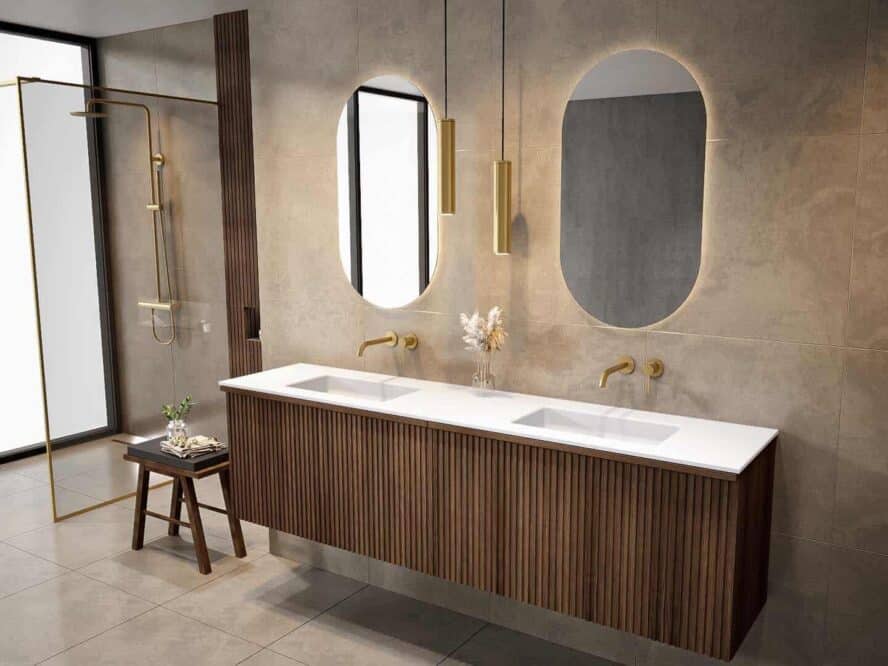 donker Eiken Badkamermeubel met extra binnenlade en dubbele Solid Surface Wastafel 200 cm