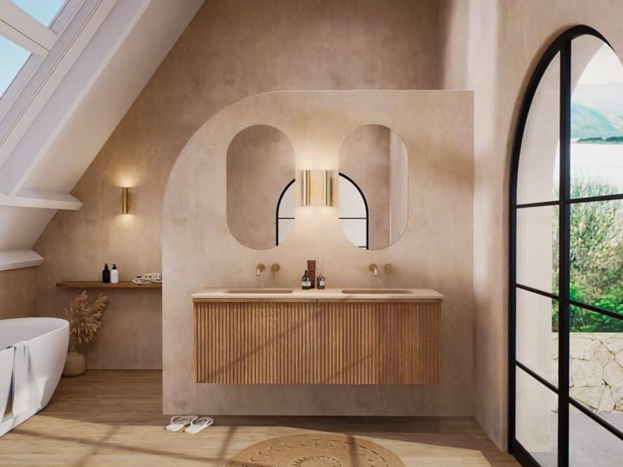 Rustige badkamer met beige tinten en een hangend badkamermeubel in 120 cm met ribbelfront en betonnen beige wastafel.