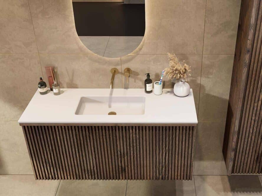 donker Eiken Badkamermeubel met extra binnenlade en enkele Solid Surface Wastafel 120 cm