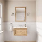Hangend naturel eiken badmeubel 70 cm met landelijk front en geïntegreerde witte keramische wastafel