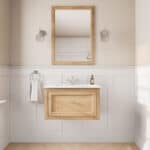 Hangend naturel eiken badmeubel 70 cm met landelijk front en geïntegreerde witte keramische wastafel