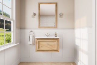 Hangend naturel eiken badmeubel 70 cm met landelijk front en geïntegreerde witte keramische wastafel
