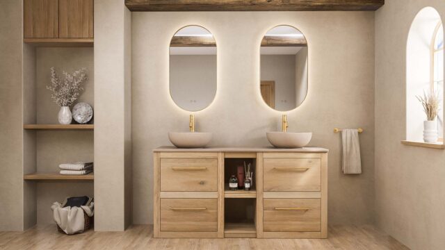 Staand badkamermeubel met 4 lades en een open regaal voorzien van een beige stone blad met twee waskommen 160 cm.