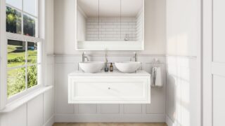 Landelijk klassiek badmeubel 120 cm in All White met keramische wastafel, dubbele wastafel
