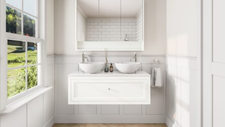 Landelijk klassiek badmeubel 120 cm in All White met keramische wastafel, dubbele wastafel