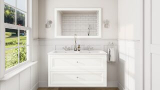 Klassiek wastafelmeubel 120 cm gespoten in All White met keramische wastafel en twee softclose lades, dubbele wastafel
