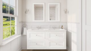 Klassiek wastafelmeubel 140 cm gespoten in All White met keramische wastafel en vier softclose lades