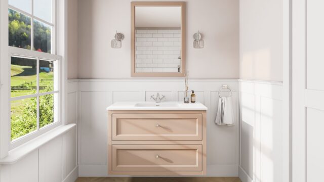 Landelijk klassiek badmeubel 100 cm in Setting Plaster met keramische wastafel en twee softclose lades