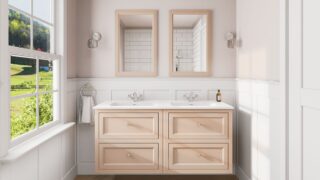 Landelijk klassiek badmeubel 140 cm in Setting Plaster met keramische wastafel en vier softclose lades