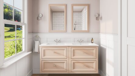 Landelijk klassiek badmeubel 140 cm in Setting Plaster met keramische wastafel en vier softclose lades