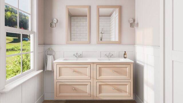 Landelijk klassiek badmeubel 140 cm in Setting Plaster met keramische wastafel en vier softclose lades
