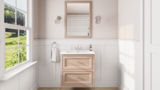 Engels klassiek badkamermeubel 70 cm in Setting Plaster met keramische wastafel en twee softclose lades