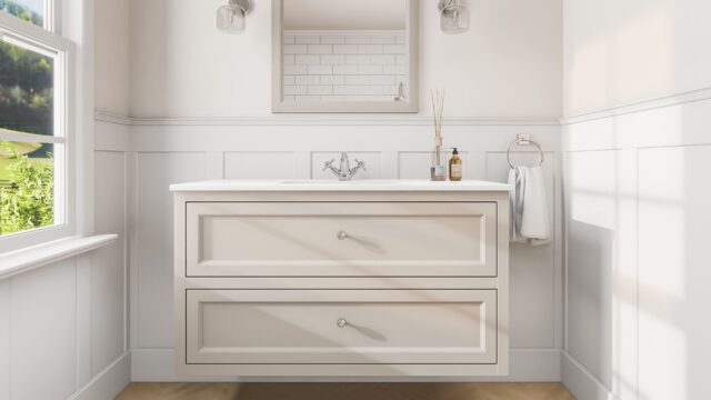 Landelijk klassiek badmeubel 120 cm in Skimming Stone met keramische wastafel en twee softclose lades