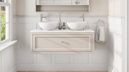 Landelijk klassiek badmeubel 120 cm in Skimming Stone met keramische wastafel, dubbele wastafel