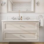 Klassiek wastafelmeubel 120 cm gespoten in Skimming Stone met keramische wastafel en twee softclose lades, dubbele wastafel