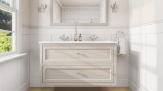 Klassiek wastafelmeubel 120 cm gespoten in Skimming Stone met keramische wastafel en twee softclose lades, dubbele wastafel
