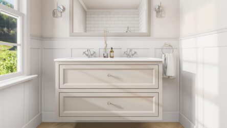 Klassiek wastafelmeubel 120 cm gespoten in Skimming Stone met keramische wastafel en twee softclose lades, dubbele wastafel