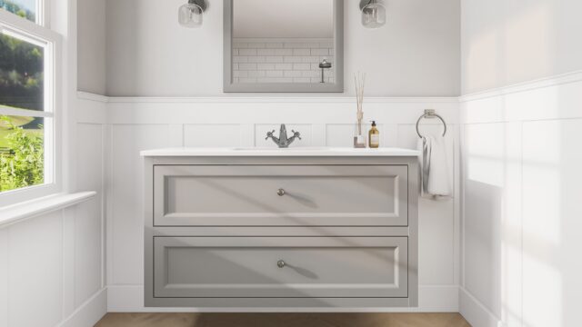 Engels klassiek badkamermeubel 120 cm in Manor House Grey met keramische wastafel en twee softclose lades