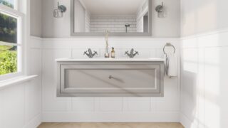 Engels klassiek badkamermeubel 120 cm in Manor House Grey met keramische wastafel, dubbele wastafel