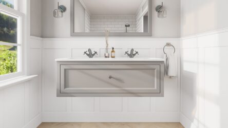 Engels klassiek badkamermeubel 120 cm in Manor House Grey met keramische wastafel, dubbele wastafel