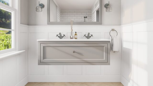Engels klassiek badkamermeubel 120 cm in Manor House Grey met keramische wastafel, dubbele wastafel