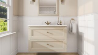 Klassiek wastafelmeubel 100 cm gespoten in Off-White met keramische wastafel en twee softclose lades