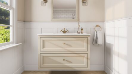 Klassiek wastafelmeubel 100 cm gespoten in Off-White met keramische wastafel en twee softclose lades