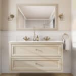 Klassiek wastafelmeubel 120 cm gespoten in Off-White met keramische wastafel en twee softclose lades, dubbele wastafel