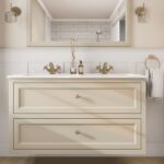 Klassiek wastafelmeubel 120 cm gespoten in Off-White met keramische wastafel en twee softclose lades, dubbele wastafel
