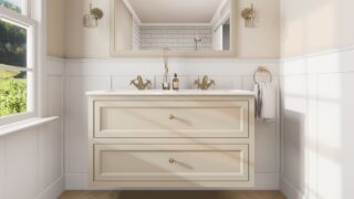Klassiek wastafelmeubel 120 cm gespoten in Off-White met keramische wastafel en twee softclose lades, dubbele wastafel