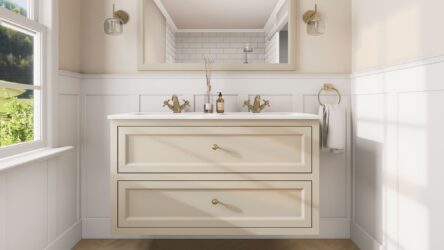 Klassiek wastafelmeubel 120 cm gespoten in Off-White met keramische wastafel en twee softclose lades, dubbele wastafel