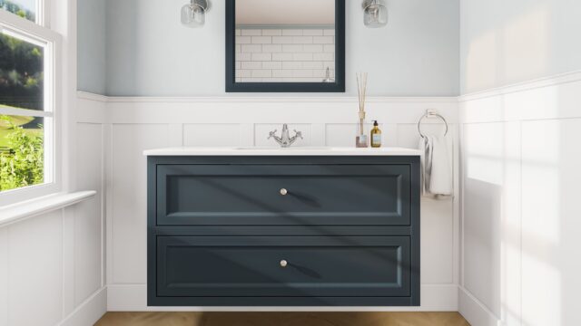 Landelijk klassiek badmeubel 120 cm in Hague Blue met keramische wastafel en twee softclose lades