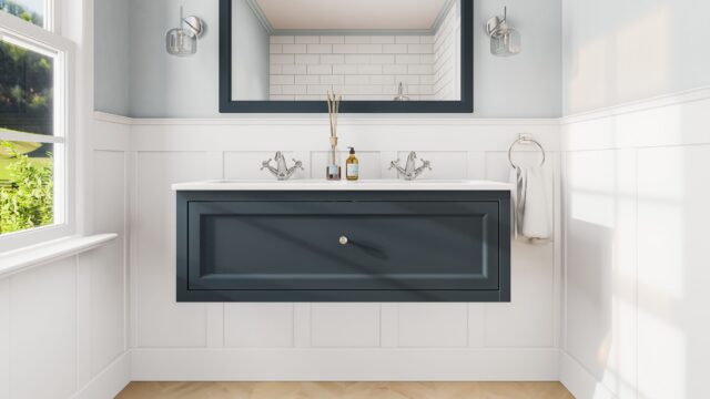 Landelijk klassiek badmeubel 120 cm in Hague Blue met keramische wastafel, dubbele wastafel