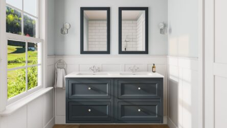 Klassiek wastafelmeubel 140 cm gespoten in Hague Blue met keramische wastafel en vier softclose lades