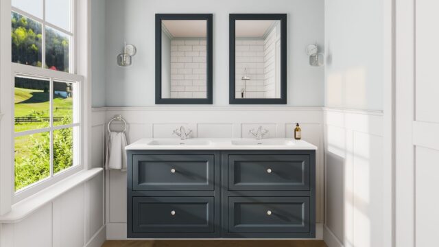 Klassiek wastafelmeubel 140 cm gespoten in Hague Blue met keramische wastafel en vier softclose lades