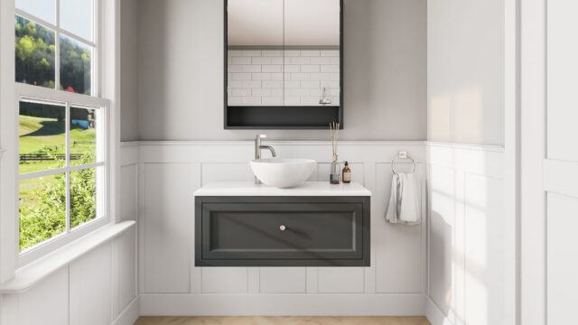 Klassiek wastafelmeubel 100 cm gespoten in Off-Black met keramisch wastafelblad en opbouw waskom