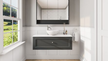 Landelijk klassiek badmeubel 120 cm in Off-Black met keramisch wastafelblad en opbouw waskom