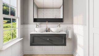 Klassiek wastafelmeubel 120 cm gespoten in Off-Black met keramische wastafel, dubbele wastafel
