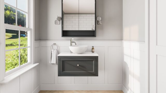 Landelijk klassiek badmeubel 80 cm in Off-Black met keramisch wastafelblad en opbouw waskom