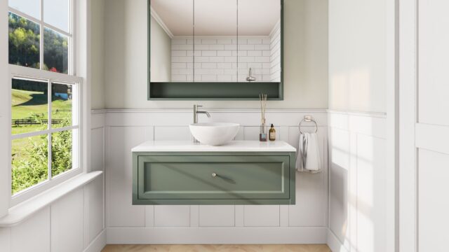 Landelijk klassiek badmeubel 120 cm in Card Room Green met keramisch wastafelblad en opbouw waskom