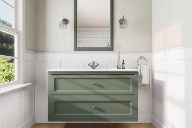 Klassiek wastafelmeubel 120 cm gespoten in Card Room Green met keramische wastafel en twee softclose lades
