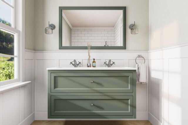 Engels klassiek badkamermeubel 120 cm in Card Room Green met keramische wastafel en twee softclose lades, dubbele wastafel