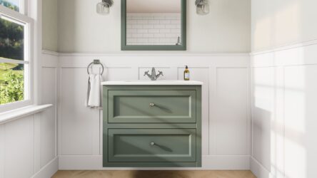 Klassiek wastafelmeubel 80 cm gespoten in Card Room Green met keramische wastafel en twee softclose lades