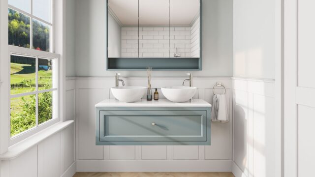 Engels klassiek badkamermeubel 120 cm in Oval Room Blue met keramische wastafel, dubbele wastafel