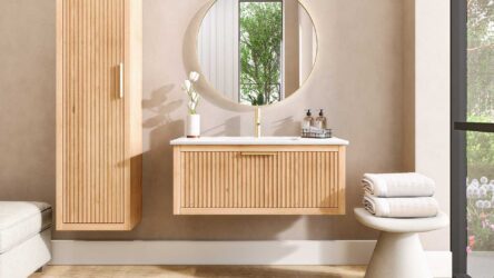 Massief naturel eiken badkamermeubel van 100 cm uit de Grooveline-serie, uitgevoerd met één ruime lade en inclusief een bijpassende keramische wastafel.